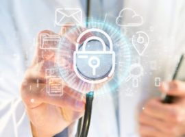 Doctor holding a Security padlock wheel icon with multimedia and social media icon 3d rendering